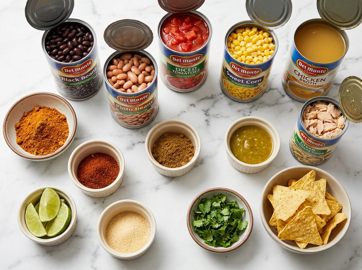 Ingredients for 7 can chicken bean soup with corn and taco spices
