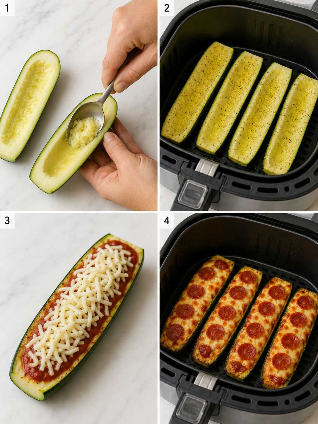 Four cooking steps for air fryer zucchini pizza boats from scooping to bubbly golden cheese