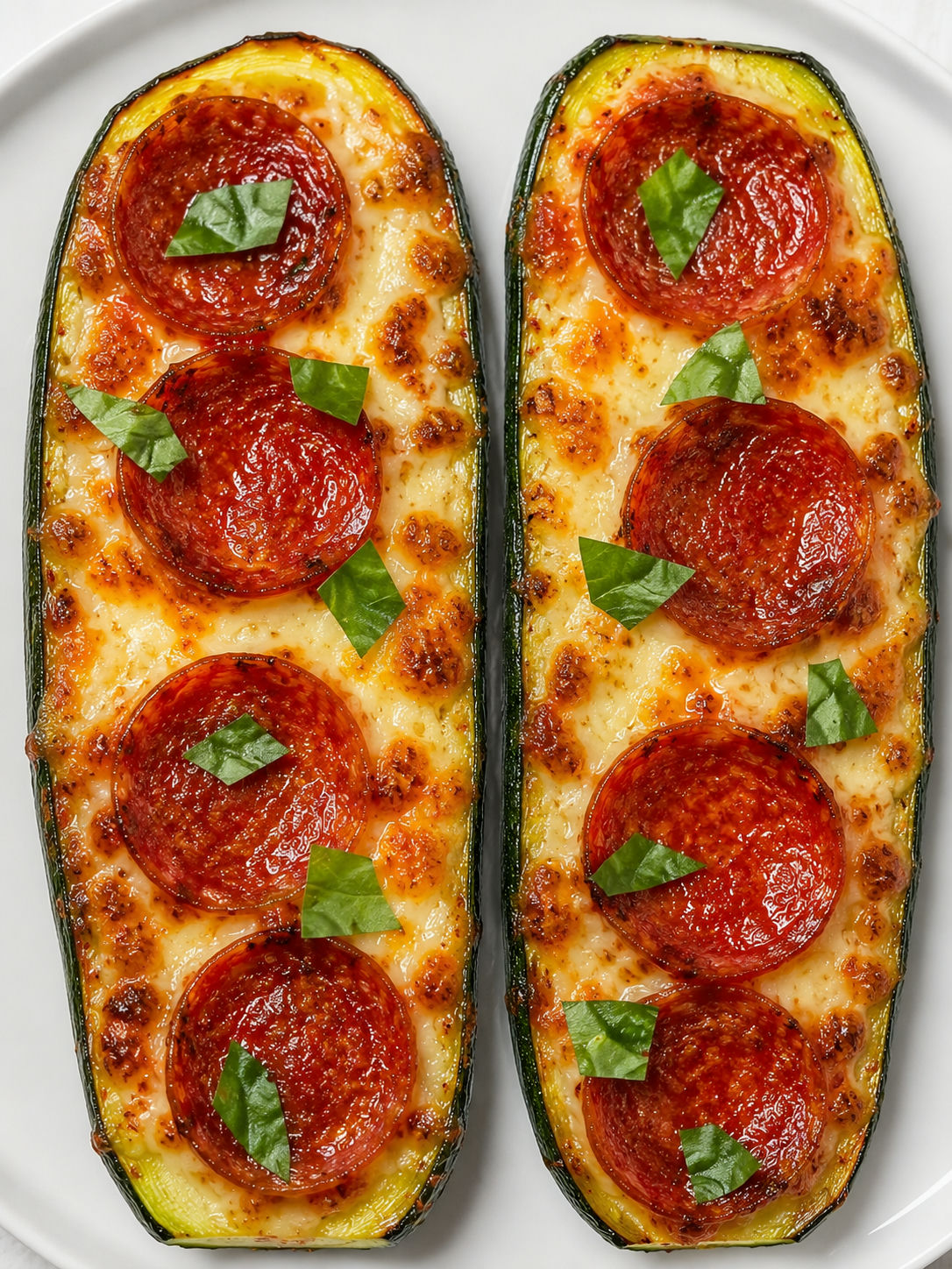 Overhead air fryer zucchini pizza boats with melted mozzarella, pepperoni, and fresh basil