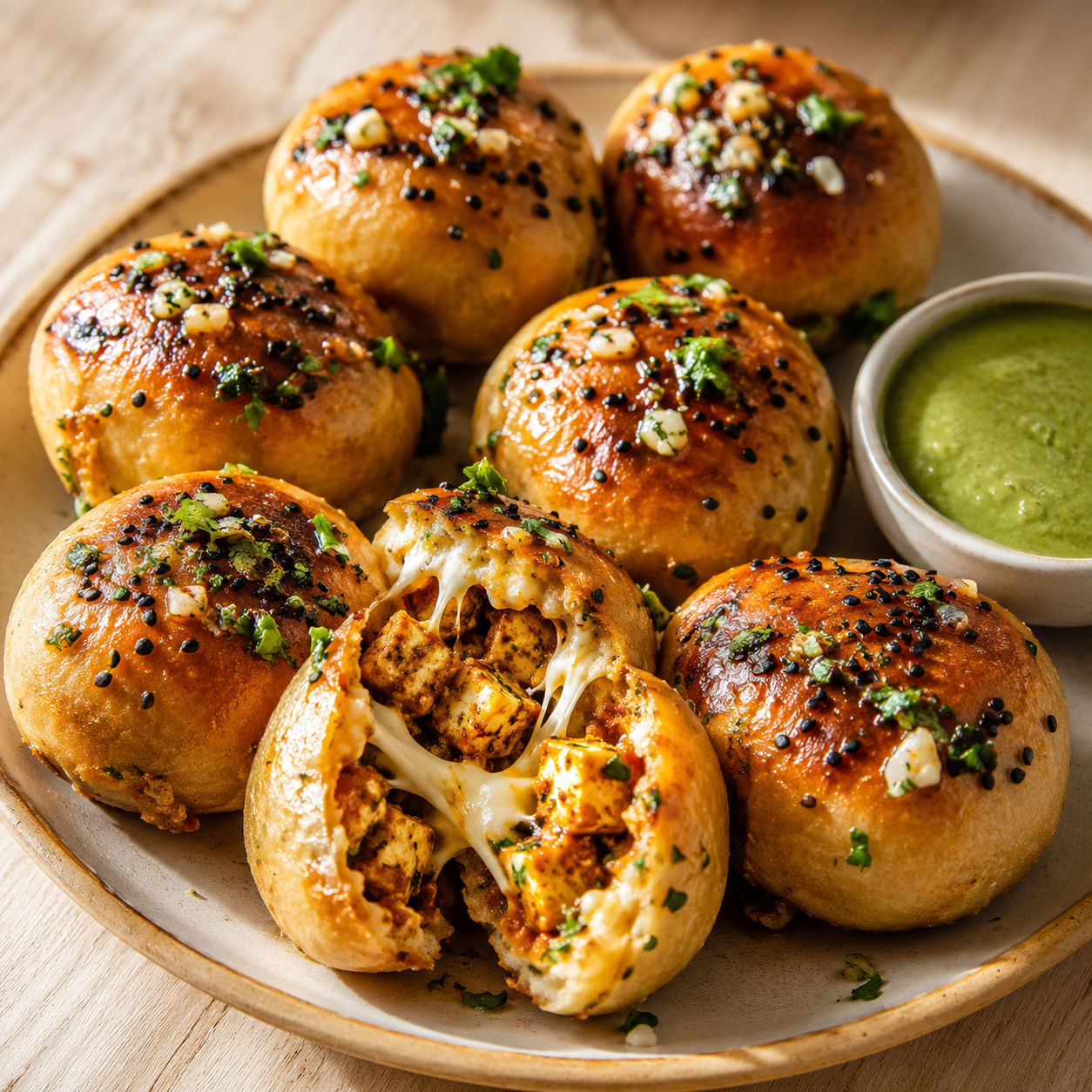 Achari paneer naan bombs with melted cheese and mint chutney
