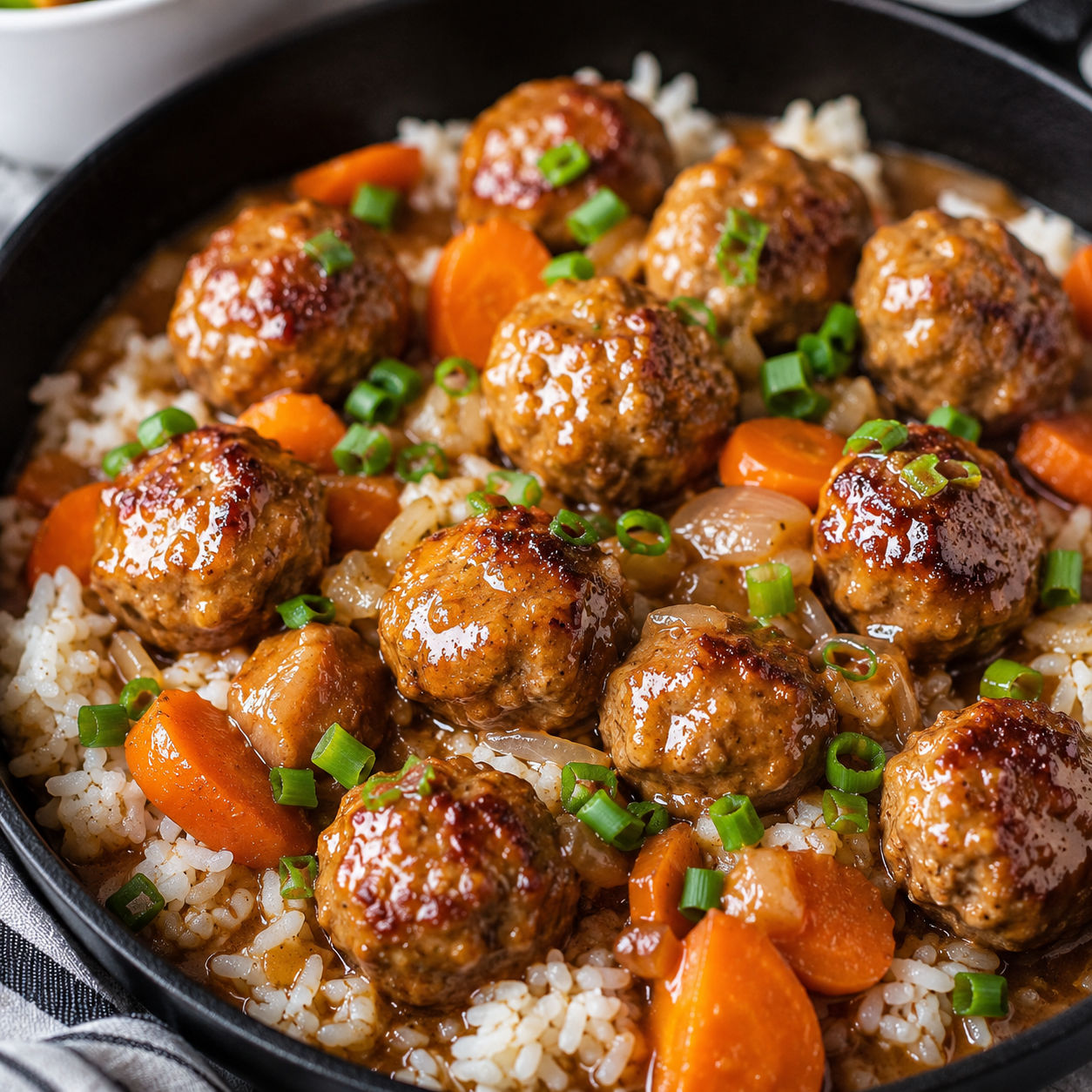 Adobo chicken meatballs with carrots, rice, and green onions