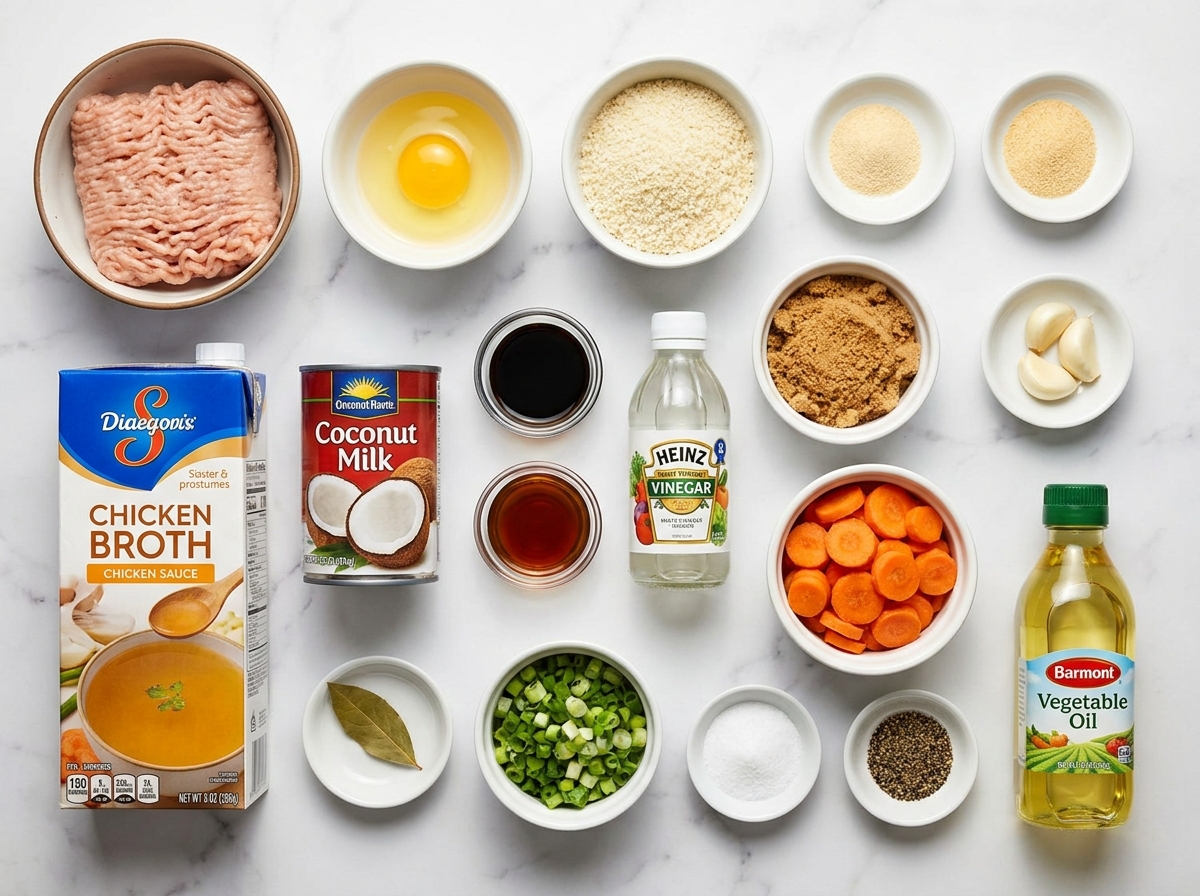 Raw ingredients for adobo chicken meatballs on a wood surface