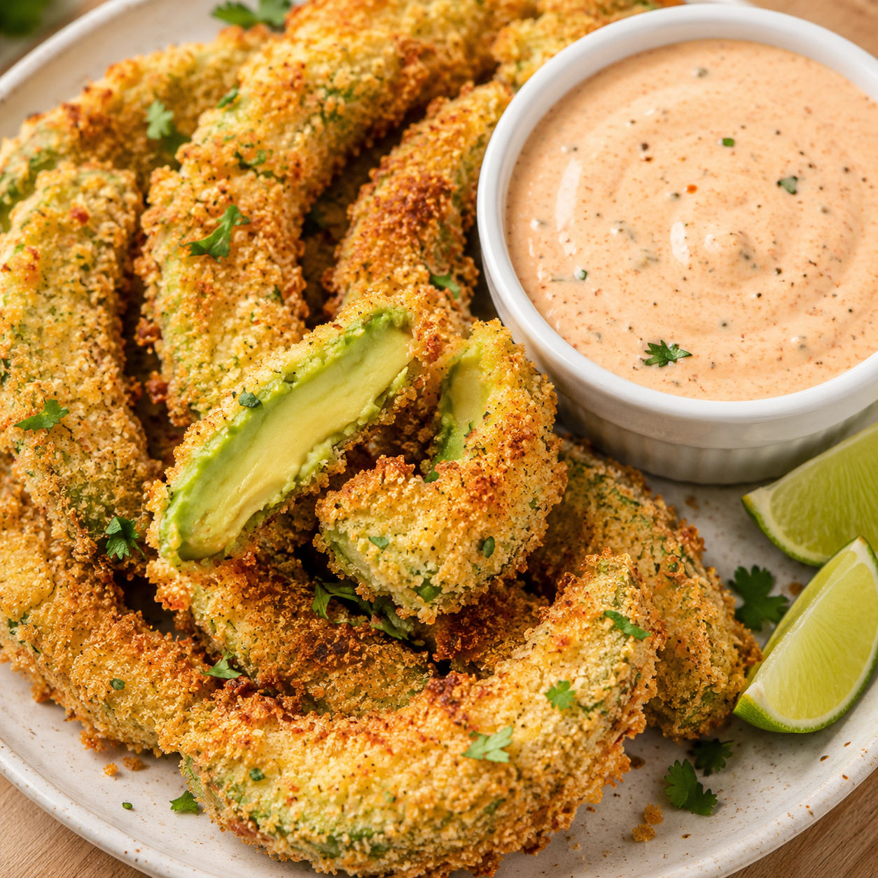 Crispy avocado fries with spicy ranch dip and lime wedges