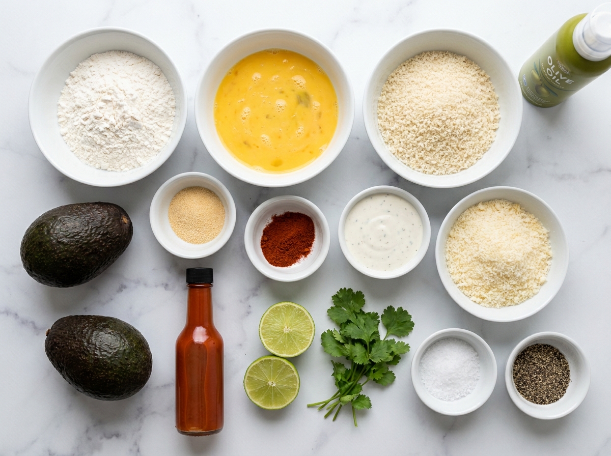 Ingredients for avocado fries with spicy ranch dip on a wooden surface