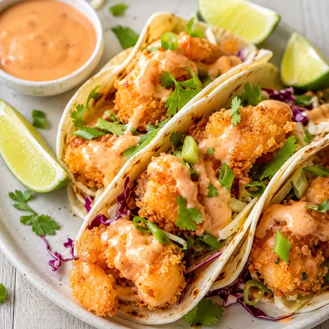 Bang bang shrimp tacos with cabbage, cilantro, lime, and creamy sauce