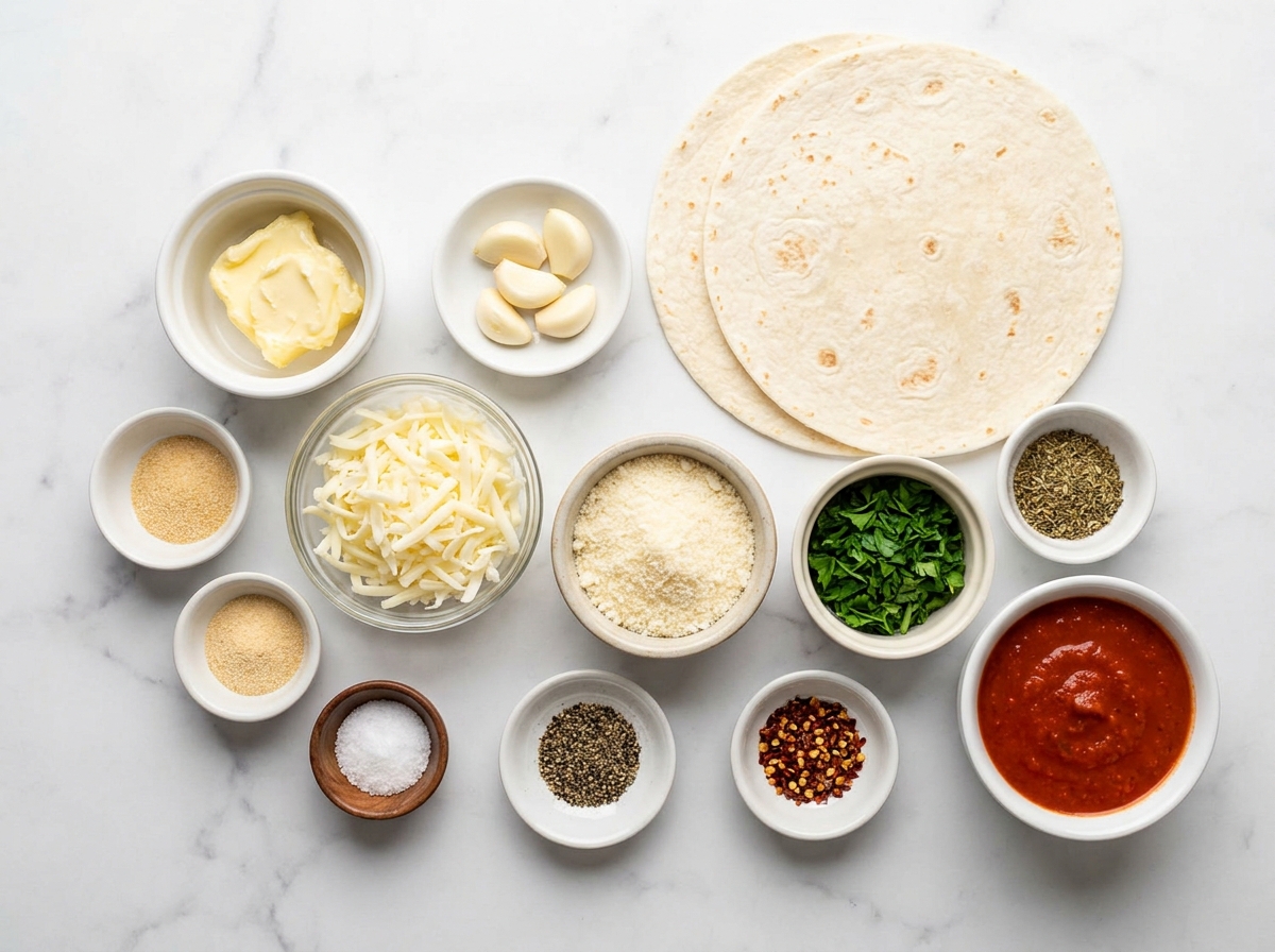 Ingredients for cheesy tortilla garlic bread on a wooden surface