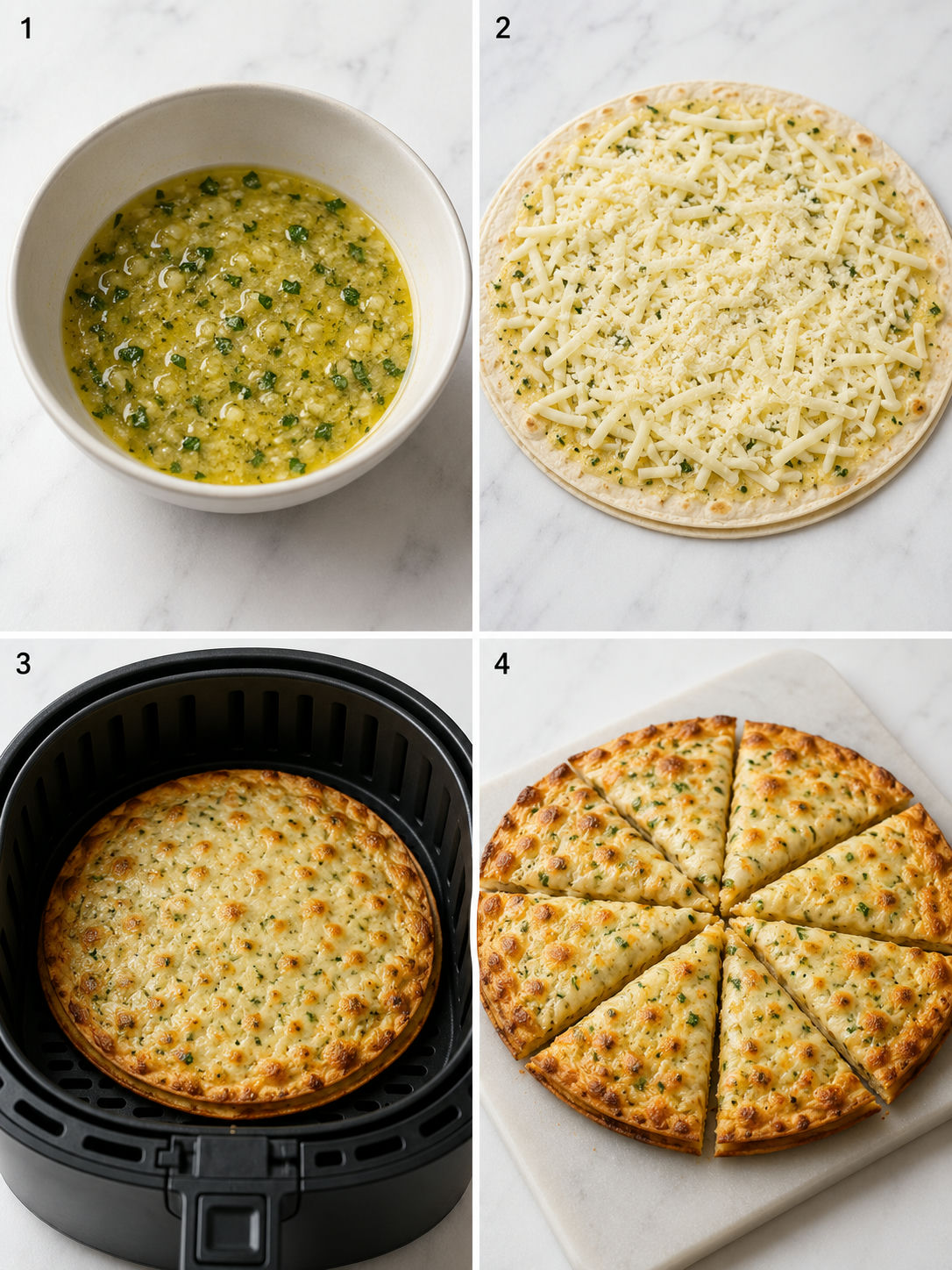 Four steps for making cheesy tortilla garlic bread in an air fryer