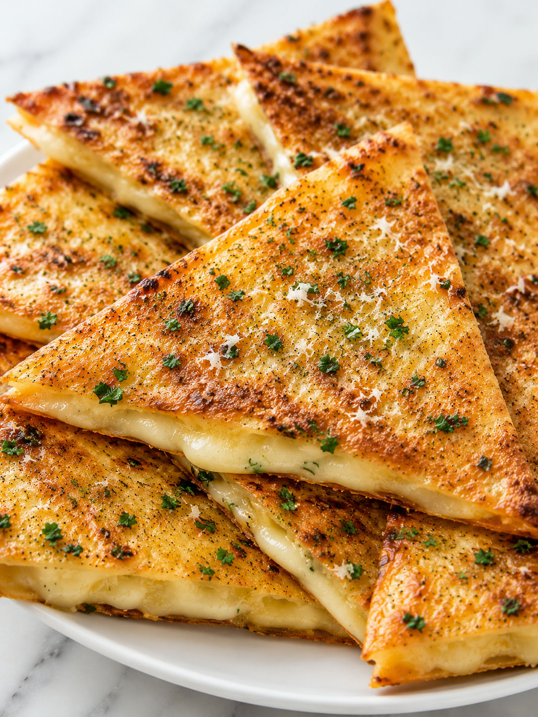 Crisp cheesy tortilla garlic bread wedges with melted mozzarella