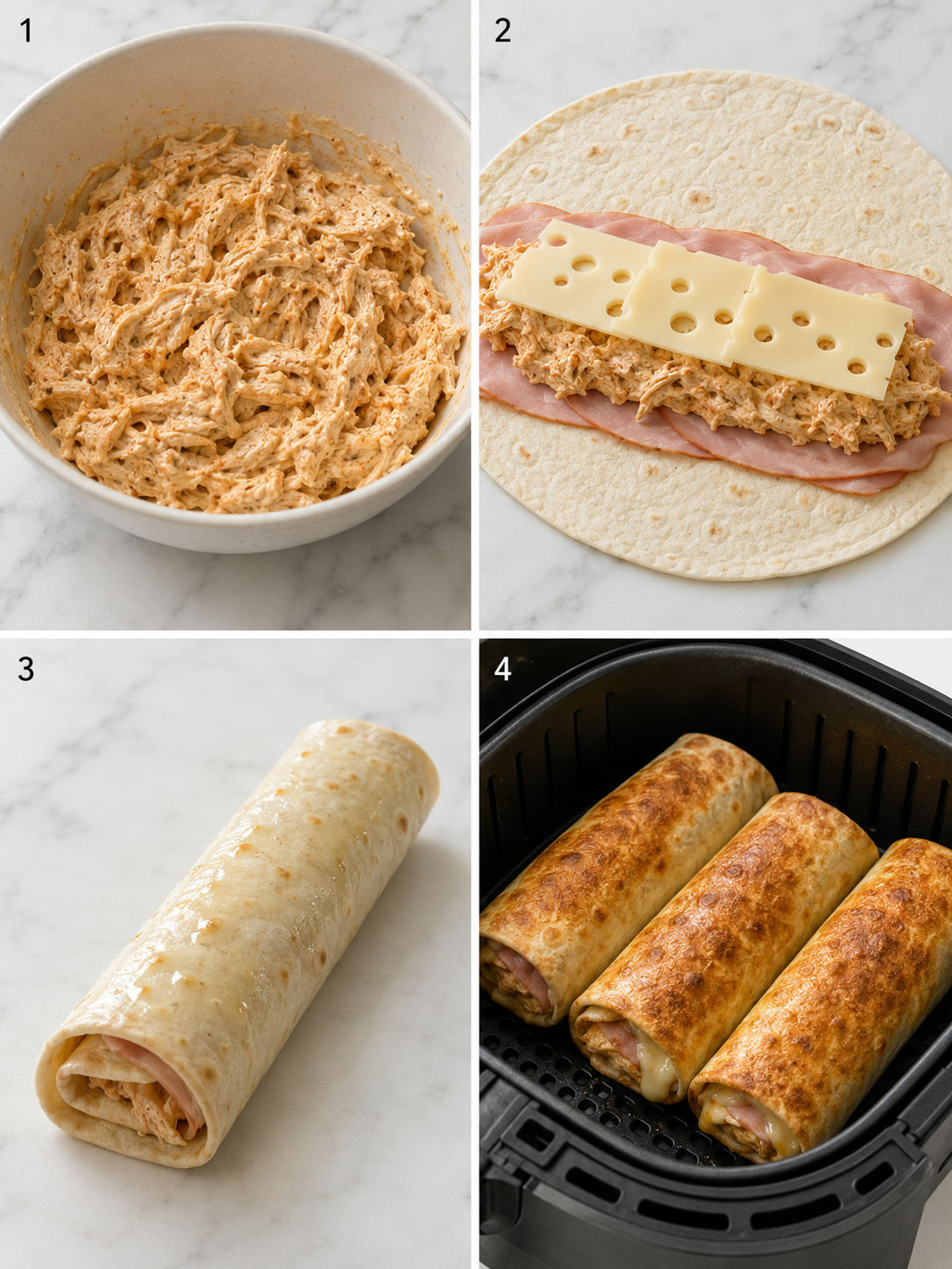 Four steps for making air fryer chicken ham wraps