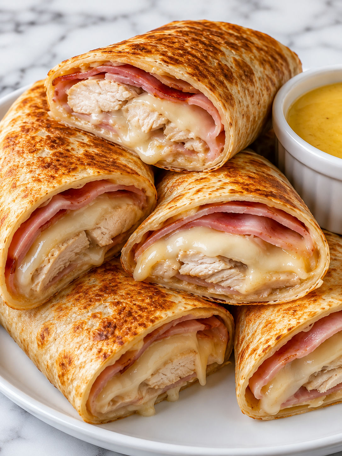 Golden chicken ham wraps with melted Swiss cheese and honey mustard