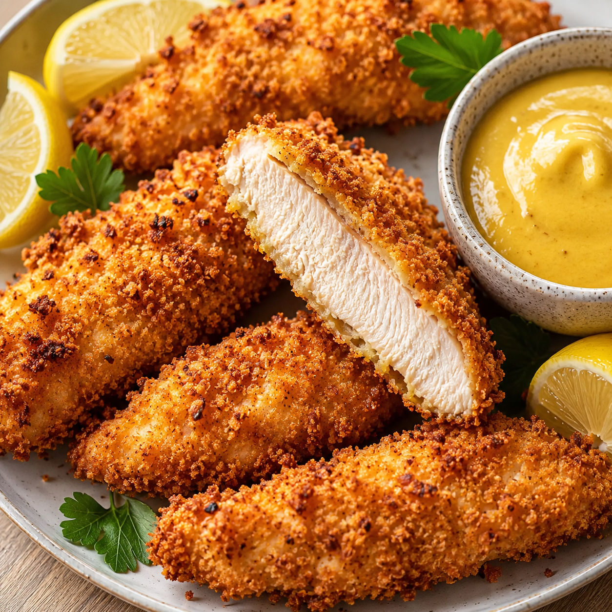 Air fryer chicken tenders with honey mustard and lemon wedges