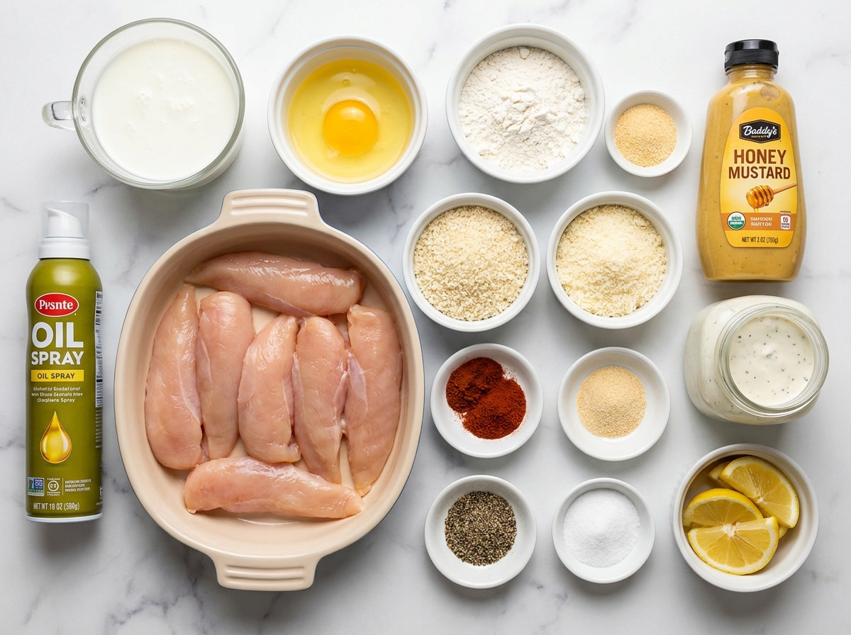 Raw ingredients for air fryer chicken tenders on a wood counter