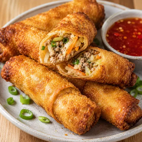 Crispy air fryer egg rolls with pork cabbage filling and dipping sauce