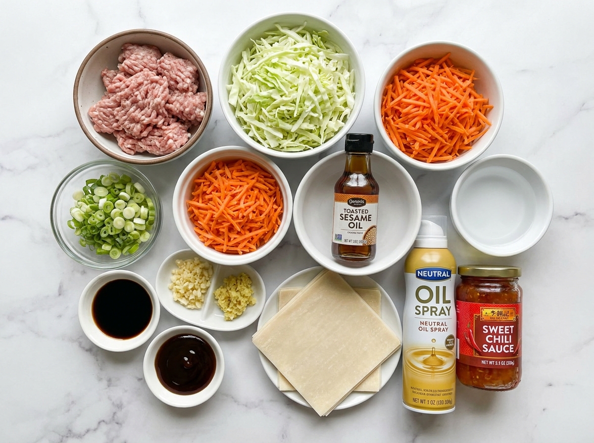 Ingredients for air fryer egg rolls with pork cabbage wrappers and sauces