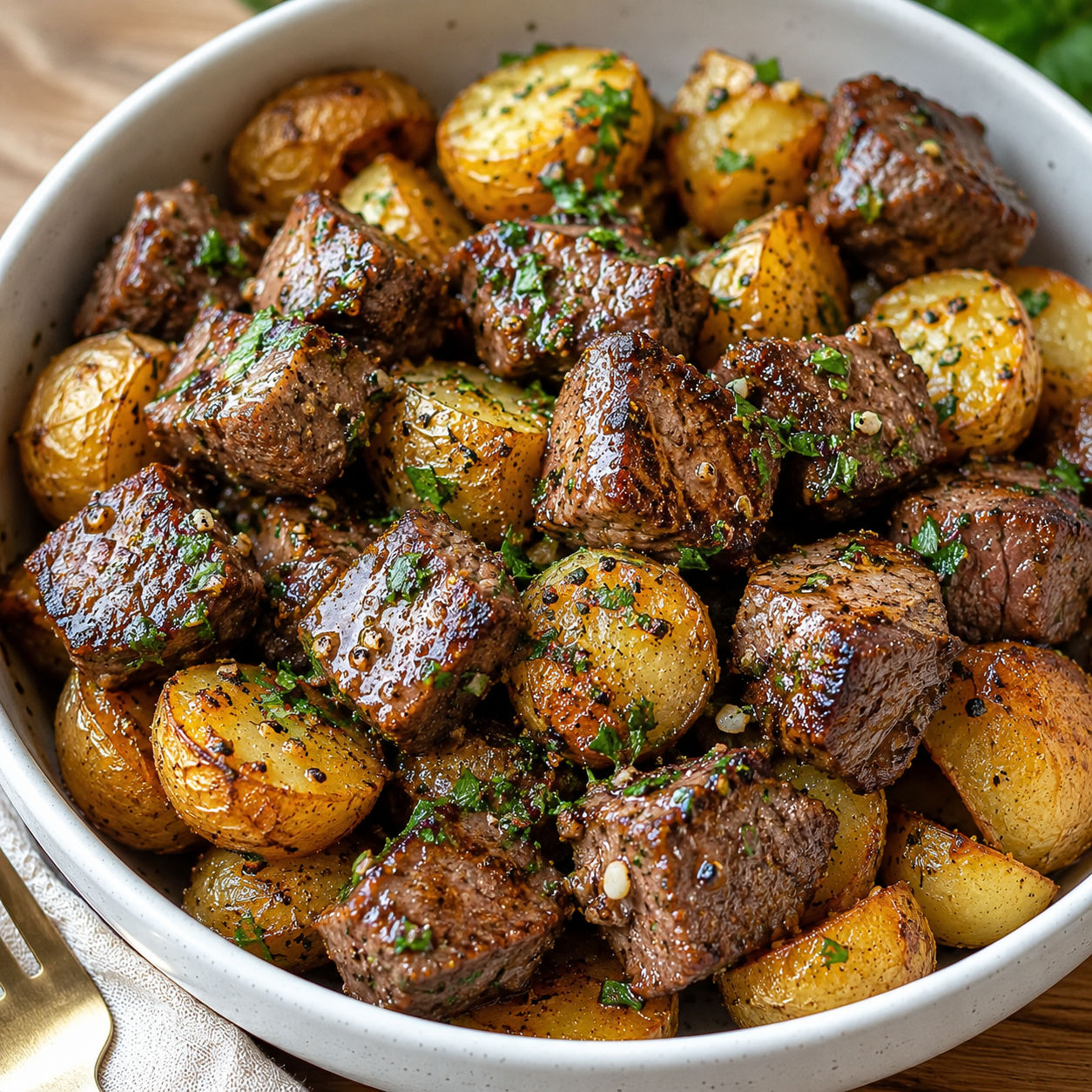 Garlic butter steak bites with crispy potatoes and parsley in a bowl
