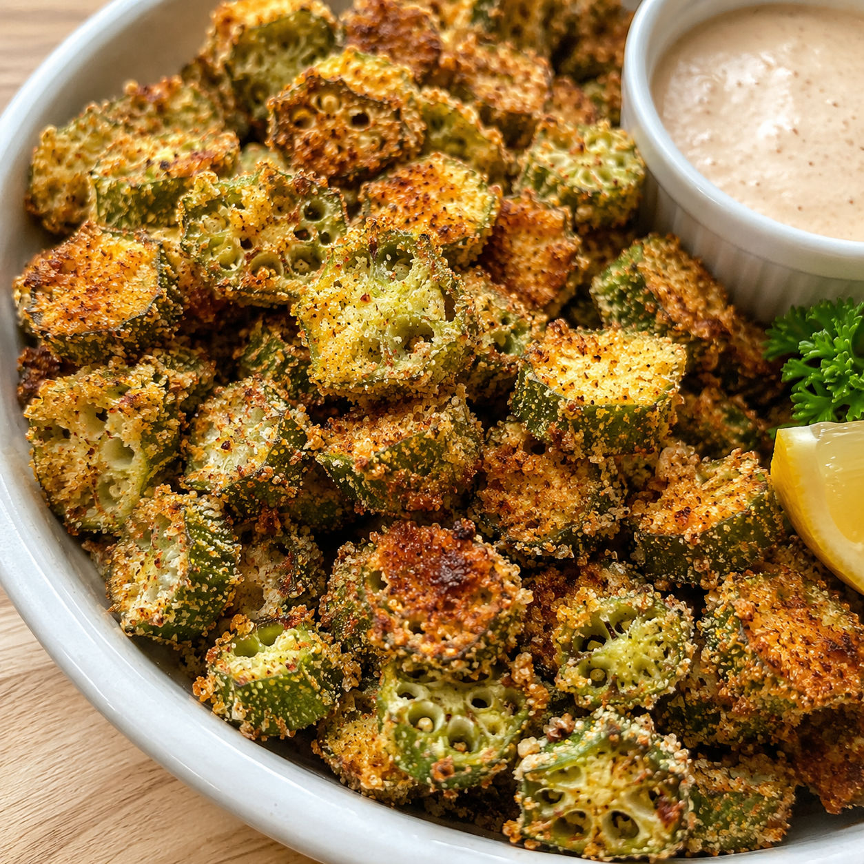 Golden cornmeal Air Fryer Okra with remoulade and lemon