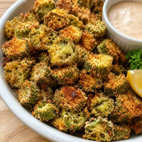 Golden cornmeal Air Fryer Okra with remoulade and lemon