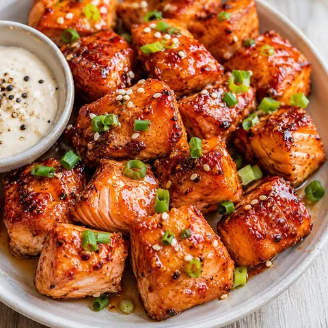 Hot honey salmon bites with green onion and sesame on a plate