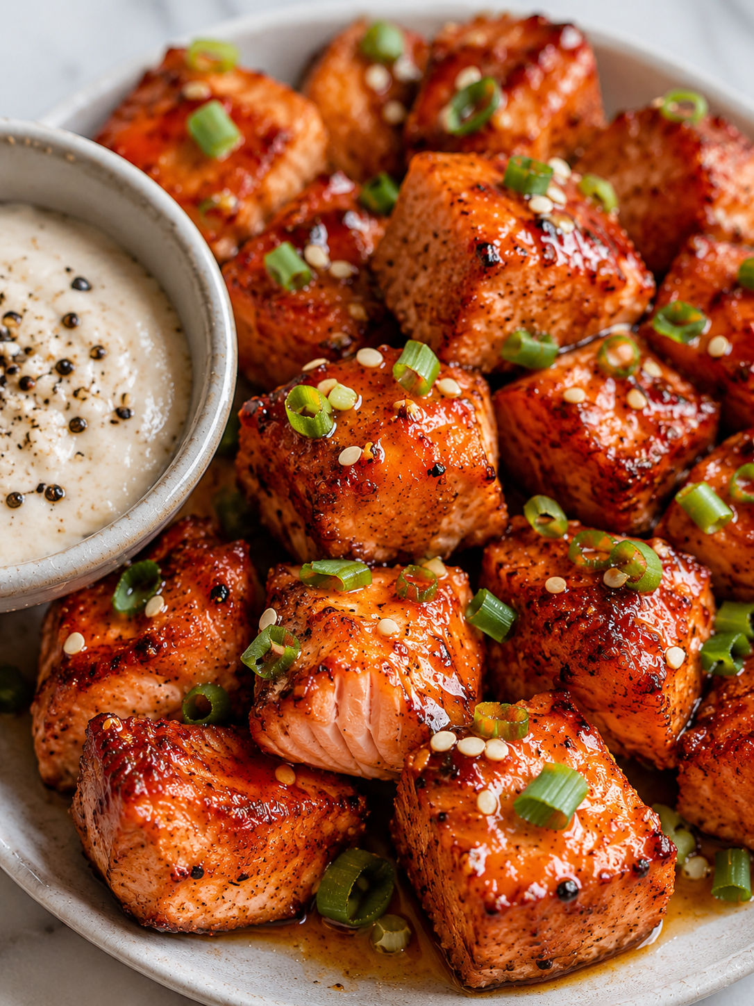 Air Fryer Salmon Bites with Hot Honey, plated and served