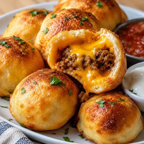 Golden air fryer taco bombs with melted cheddar and seasoned beef on a white plate