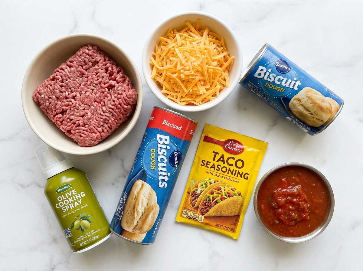 Raw ingredients for air fryer taco bombs including biscuit dough, beef, cheddar, and seasoning