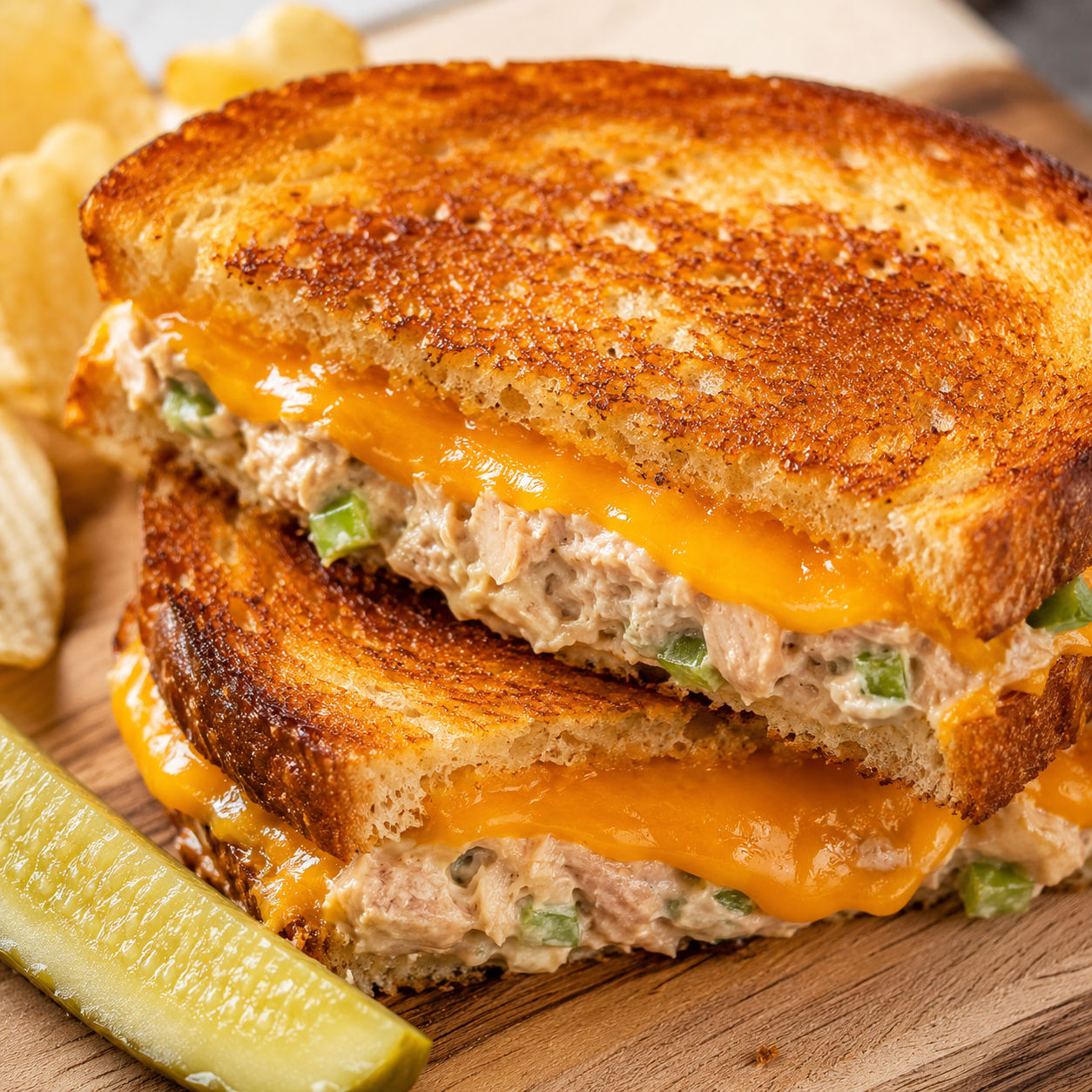 Golden air fryer tuna melt with melted cheddar on sourdough bread