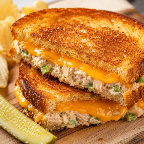 Golden air fryer tuna melt with melted cheddar on sourdough bread