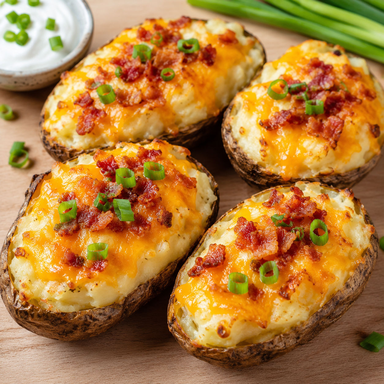 Air fryer twice baked potatoes with cheddar, bacon, and green onions