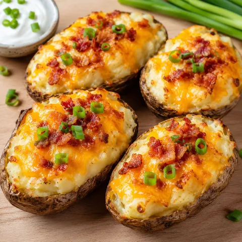 Air fryer twice baked potatoes with cheddar, bacon, and green onions