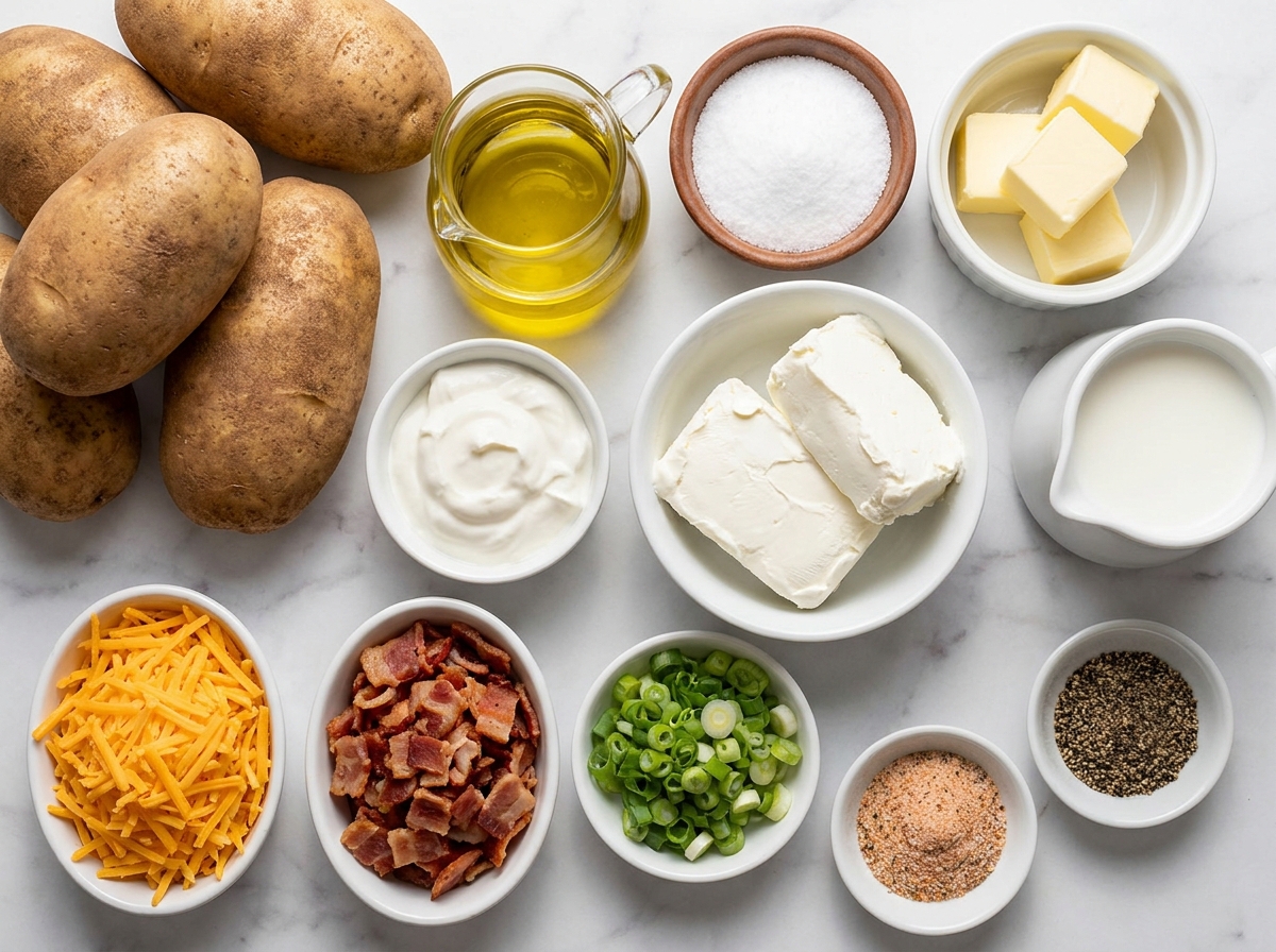 Ingredients for air fryer twice baked potatoes on a wooden counter