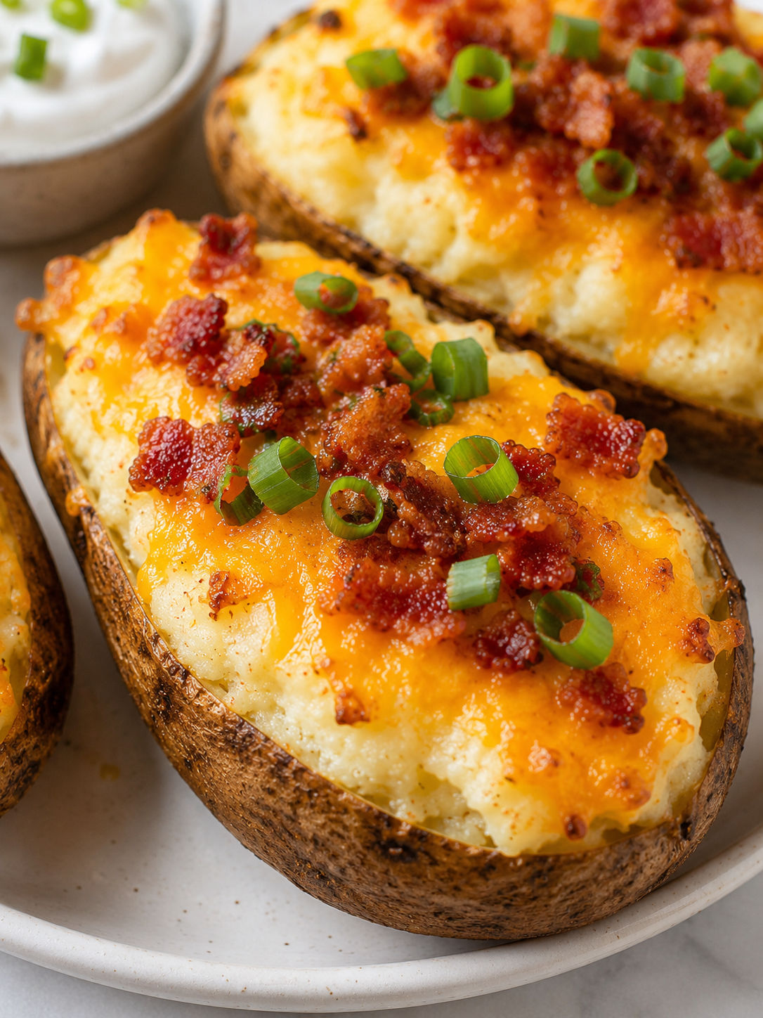 Air Fryer Twice Baked Potatoes, plated and served