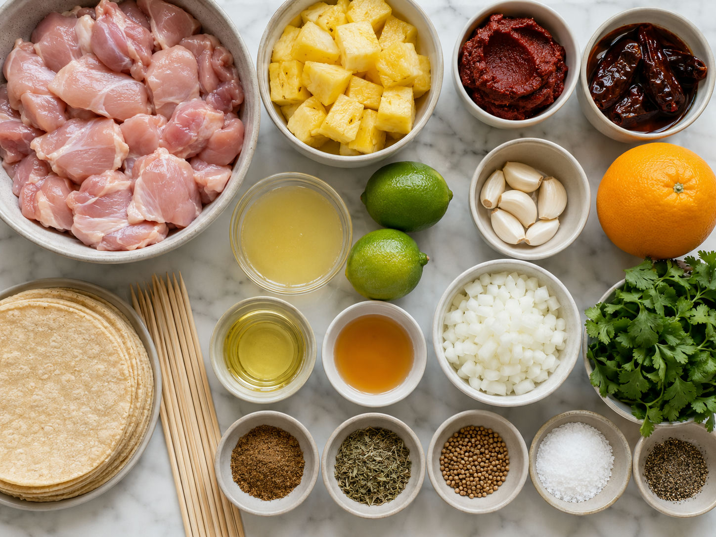Ingredients for al pastor chicken skewers with pineapple and achiote