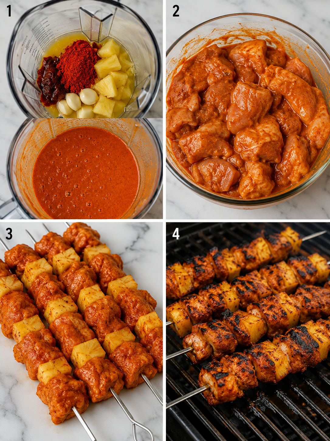 Four steps for making al pastor chicken skewers from marinade to grill