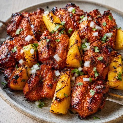 Grilled al pastor chicken skewers with caramelized pineapple and achiote glaze