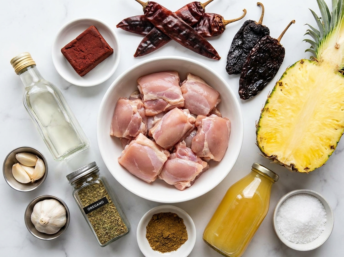 Raw ingredients for al pastor chicken skewers including achiote paste and dried chiles