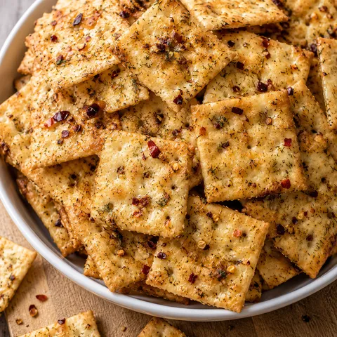 Alabama Fire Crackers with red pepper flakes in a white serving bowl