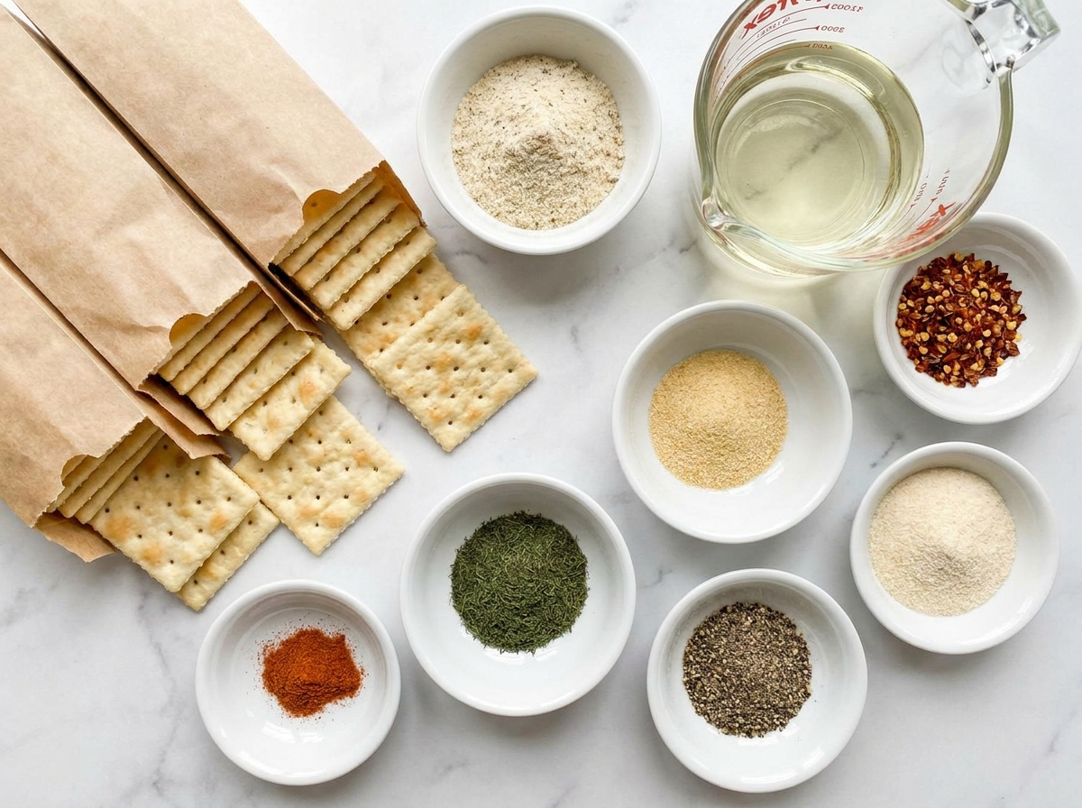 Saltines, ranch seasoning, red pepper flakes, oil, and spices for fire crackers
