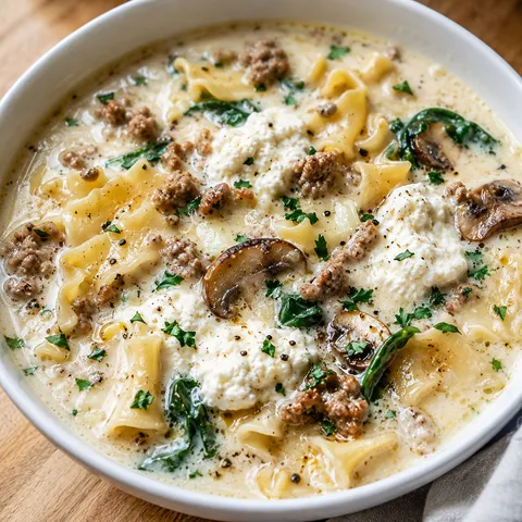 Alfredo Lasagna Soup with sausage, noodles, spinach, and ricotta
