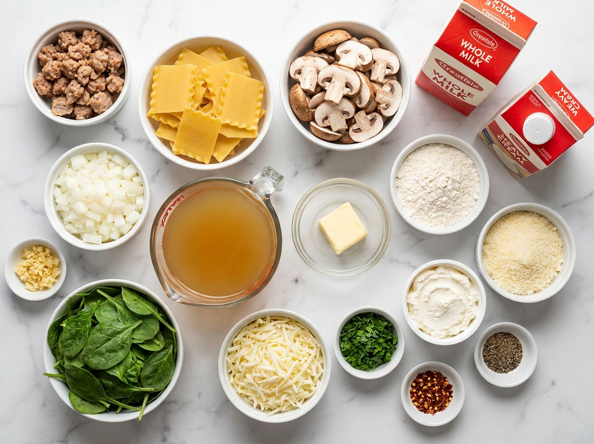 Ingredients for Alfredo Lasagna Soup arranged on a wood surface