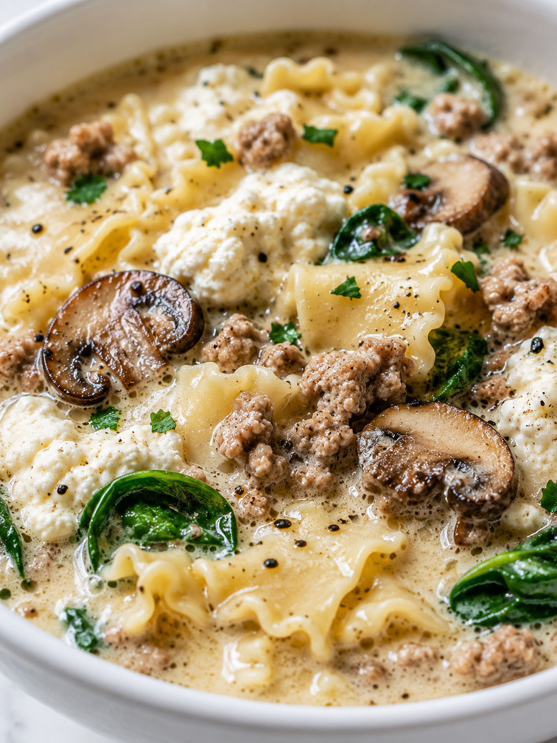 Alfredo Lasagna Soup, plated and served