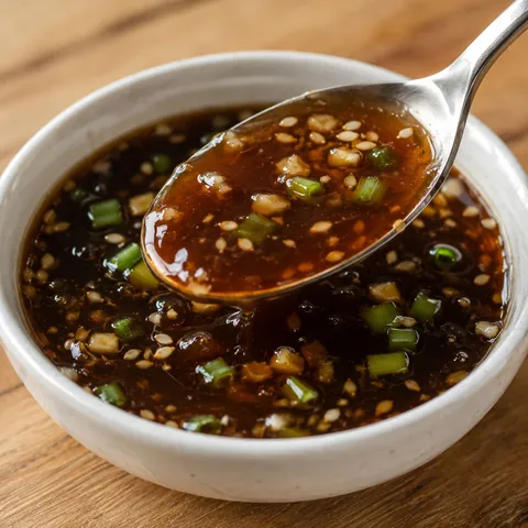 Glossy soy garlic ginger stir fry sauce in a white bowl with a spoon