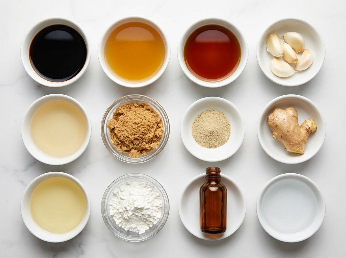 Soy sauce, garlic, ginger, sesame oil, and cornstarch for stir fry sauce