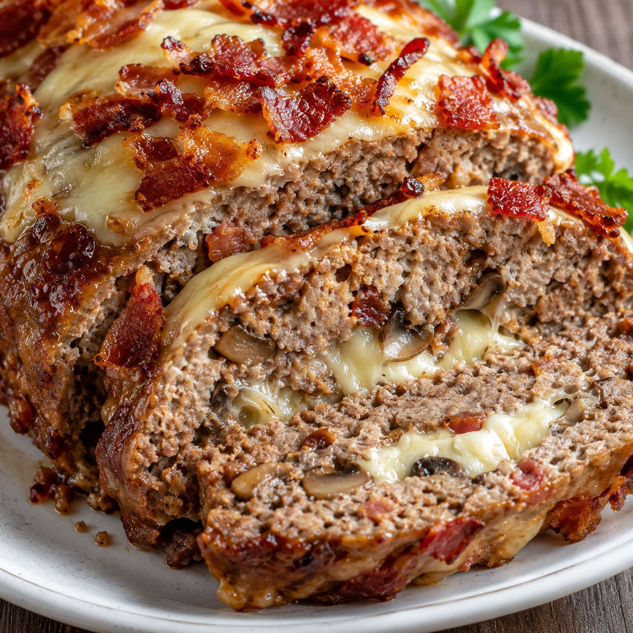 Sliced bacon mushroom Swiss meatloaf with melted cheese on a white plate