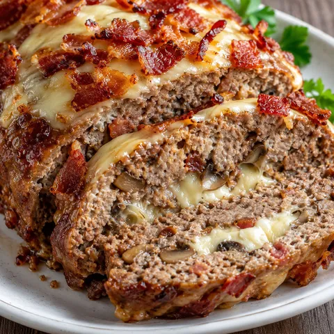 Sliced bacon mushroom Swiss meatloaf with melted cheese on a white plate