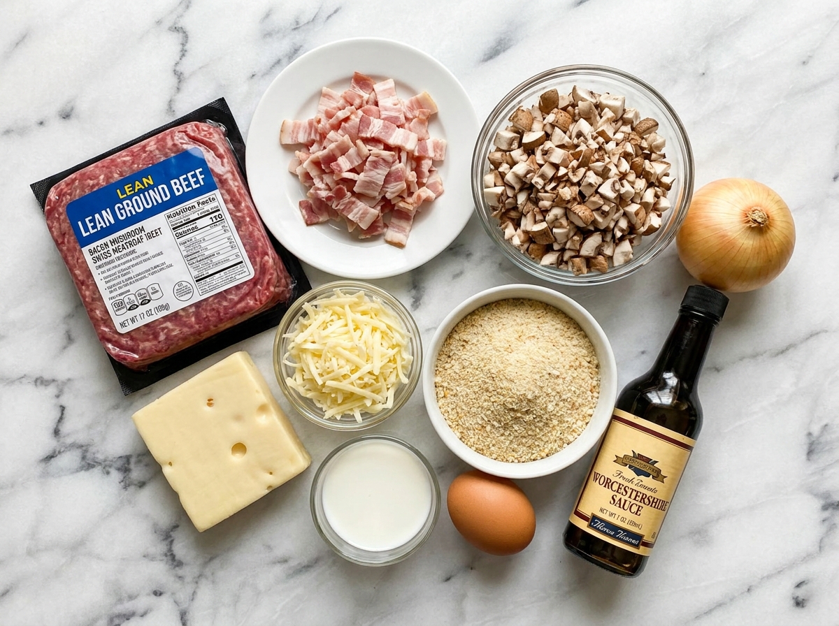Raw ingredients for bacon mushroom Swiss meatloaf on a wooden counter