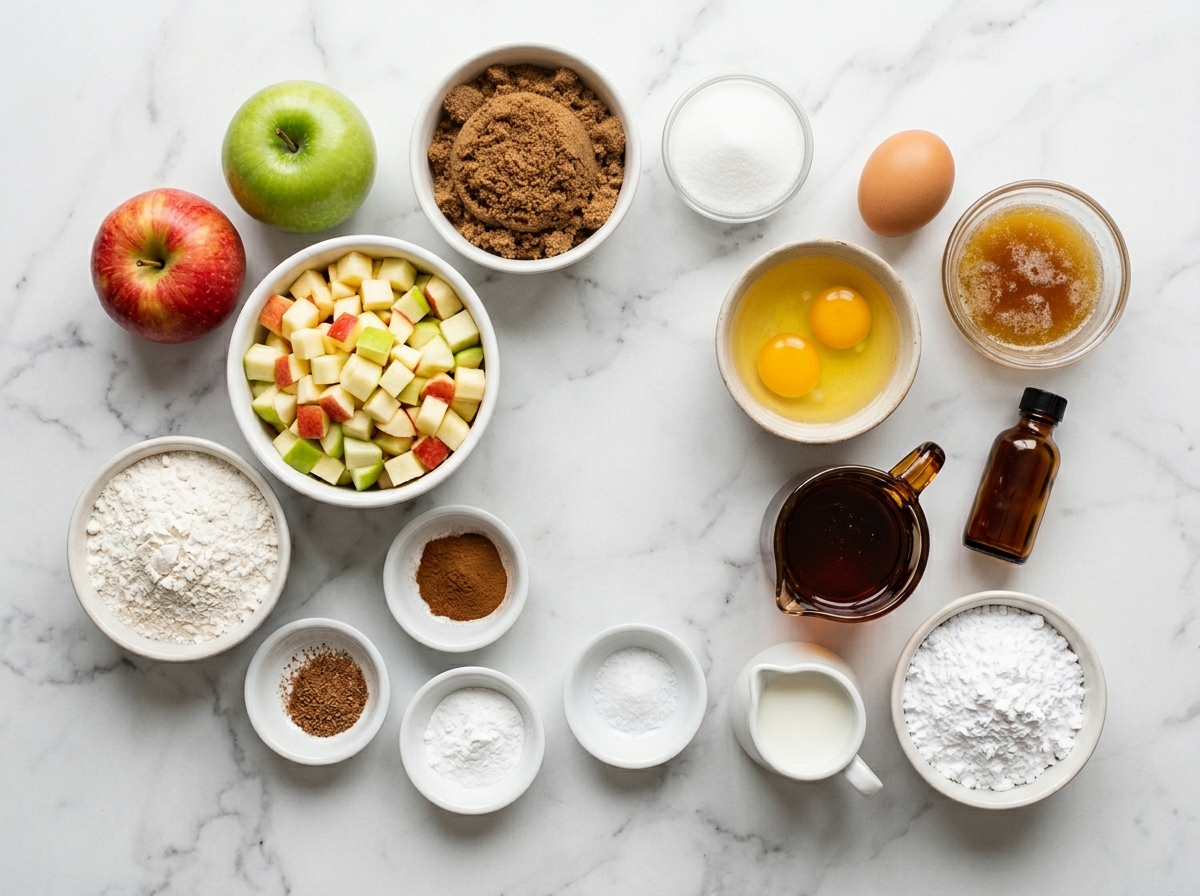 Ingredients for maple glazed apple brownies on a wooden surface