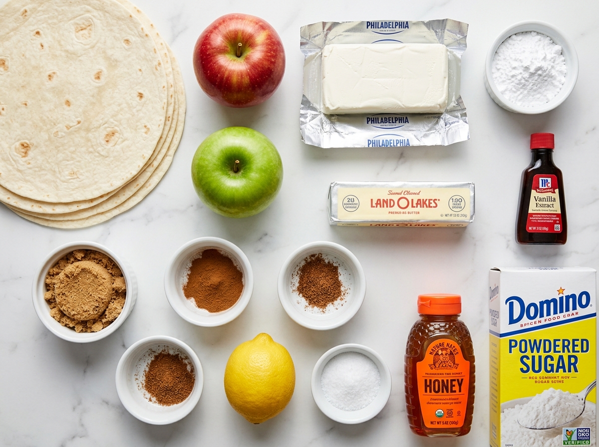 Ingredients for apple cinnamon cream cheese breakfast quesadillas