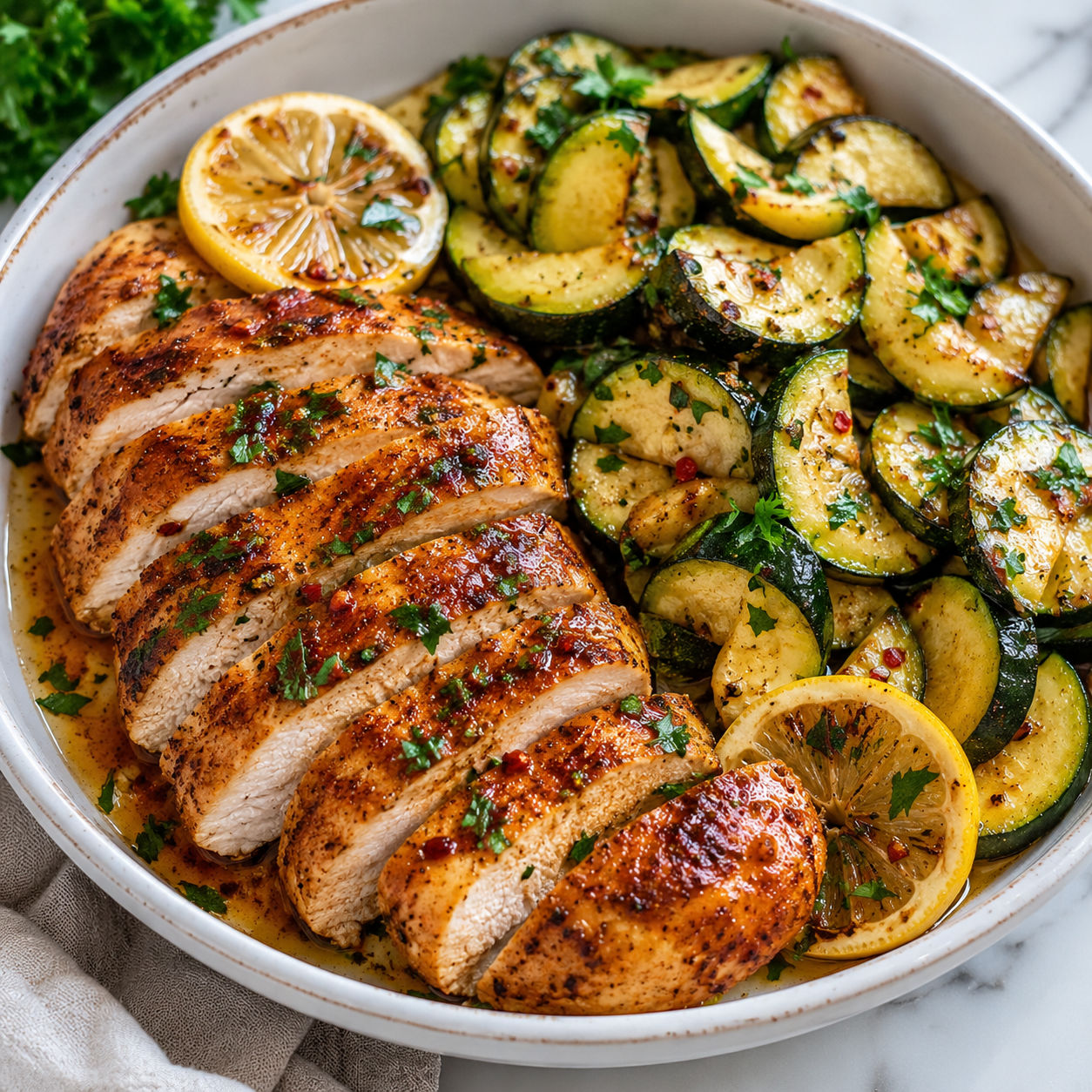 Asado chicken with sauteed lemon zucchini, parsley, and lemon slices