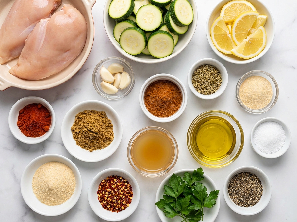 Raw chicken, zucchini, lemon, garlic, herbs, and spices for asado chicken