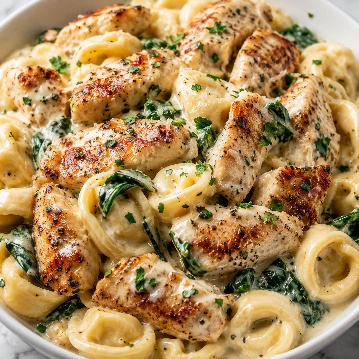 Asiago tortellini Alfredo chicken with spinach and parsley in a shallow bowl